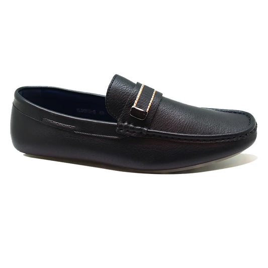 Men’s Black Leather Slip-On Loafers with Strap Detail