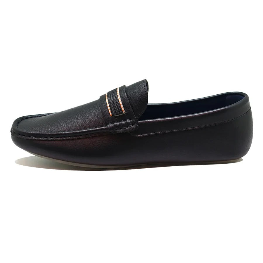 Men’s Black Leather Slip-On Loafers with Strap Detail