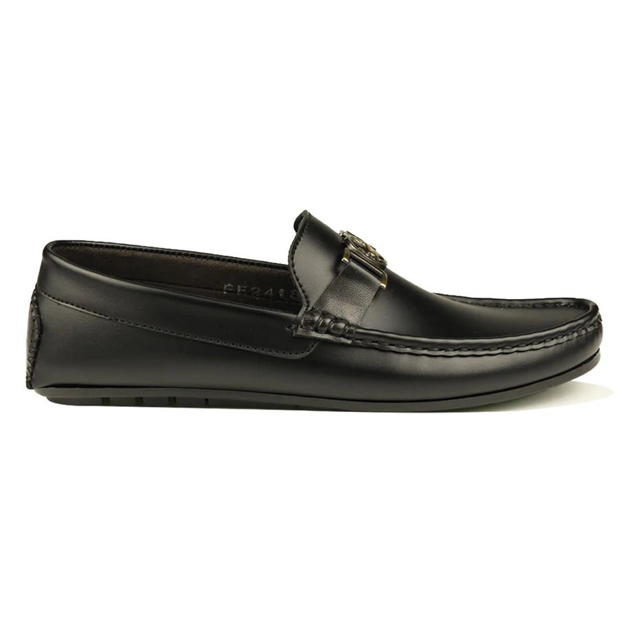 Men's Black Slip-On Loafers with Gold Buckle