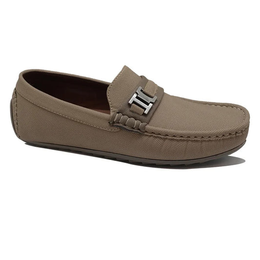 Men’s Taupe Textured Slip-On Loafers with Metal Accent