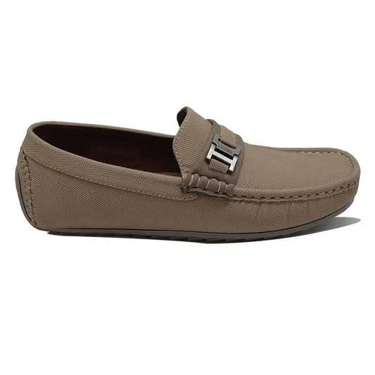 Men’s Taupe Textured Slip-On Loafers with Metal Accent