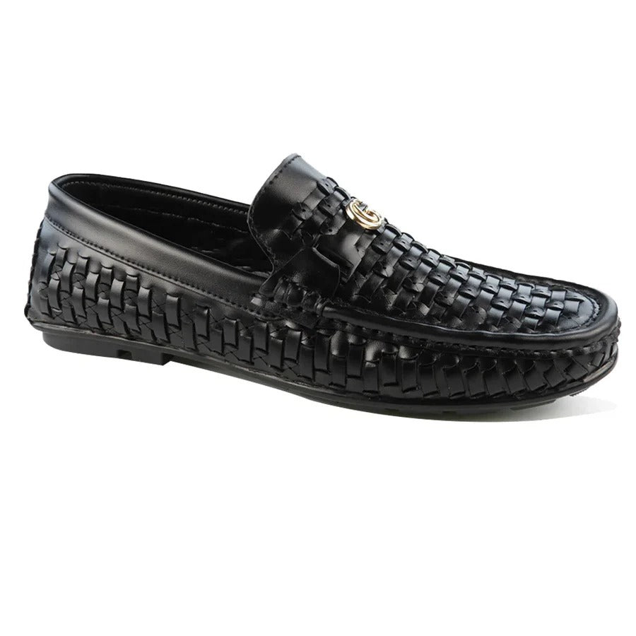 Men's Black Woven Slip-On Loafers with Gold Accent