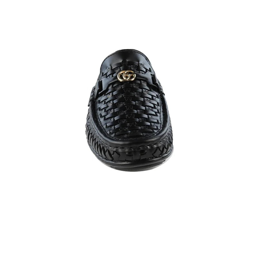 Men's Black Woven Slip-On Loafers with Gold Accent