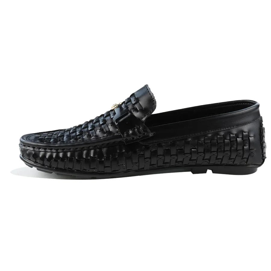 Men's Black Woven Slip-On Loafers with Gold Accent