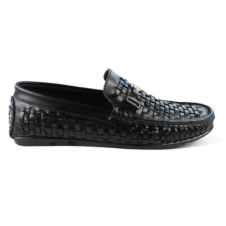 Men's Black Woven Slip-On Loafers with Gold Accent