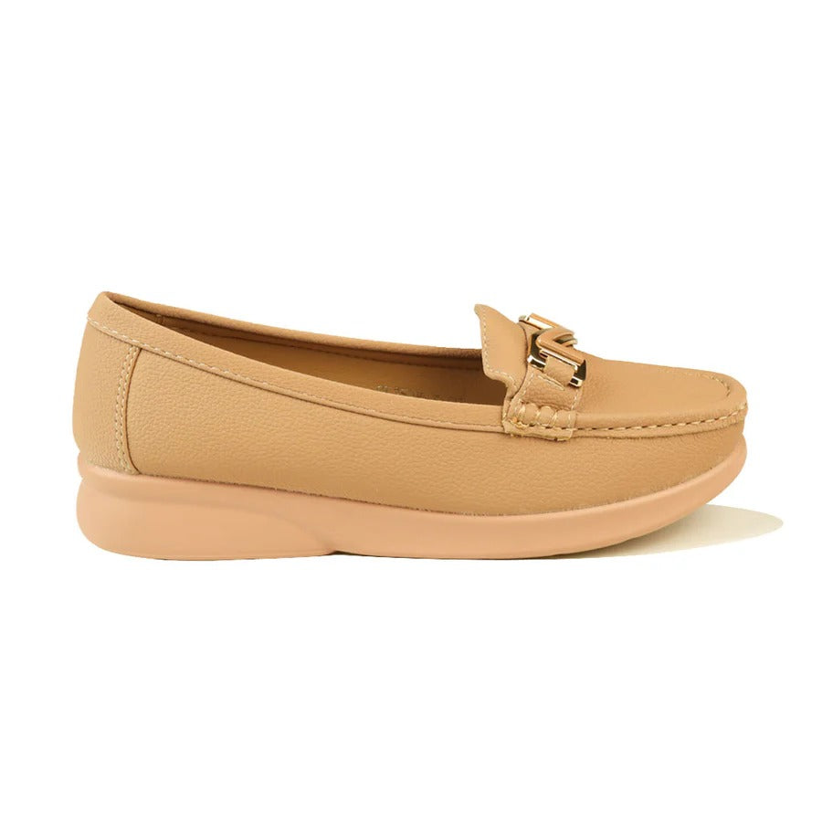 Women's Beige Comfort Loafers with Soft Sole and Gold Accent