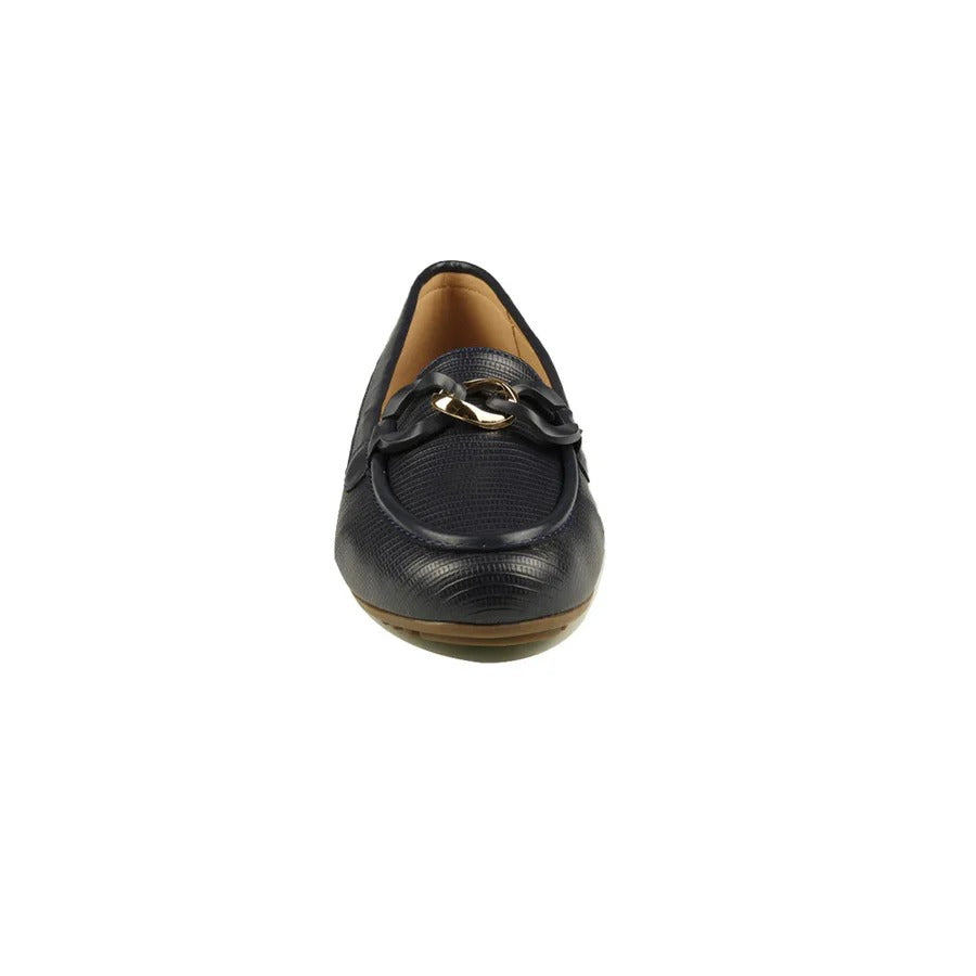 Women's Navy Blue Textured Loafers with Bow and Chain Accent