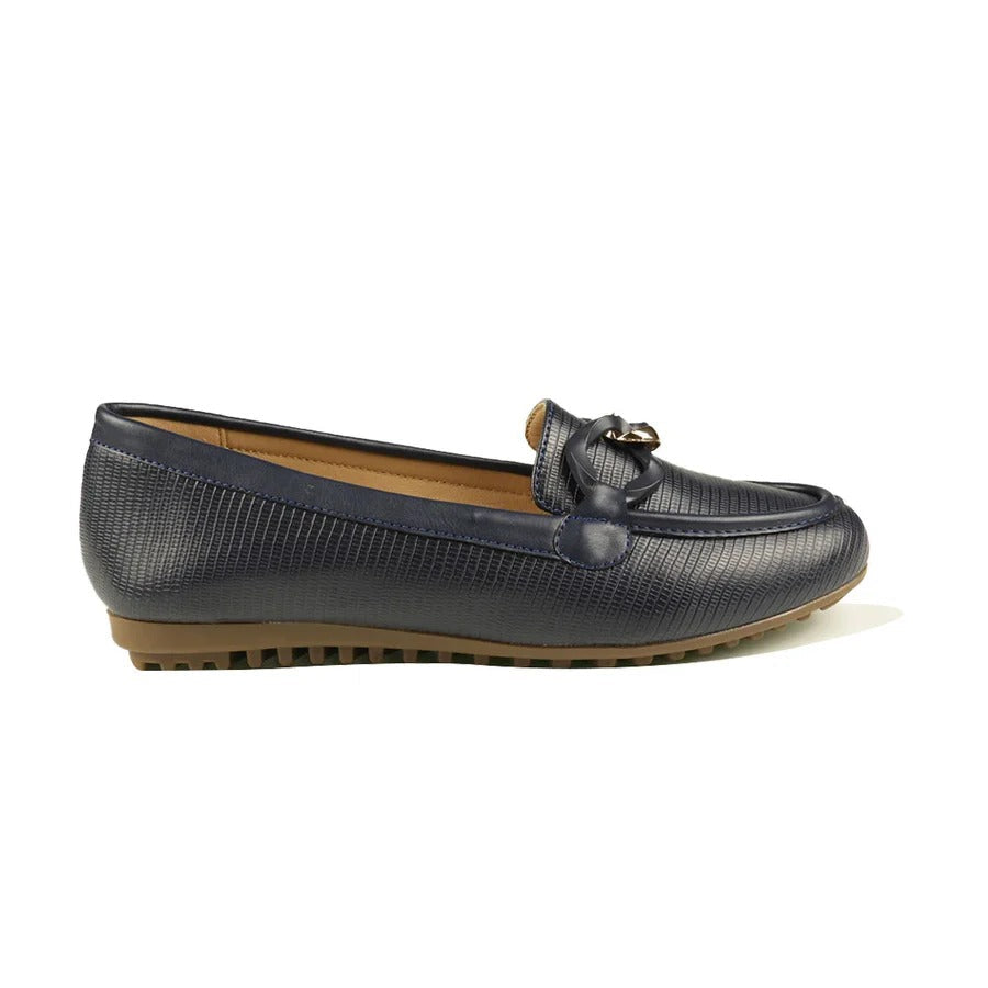 Women's Navy Blue Textured Loafers with Bow and Chain Accent