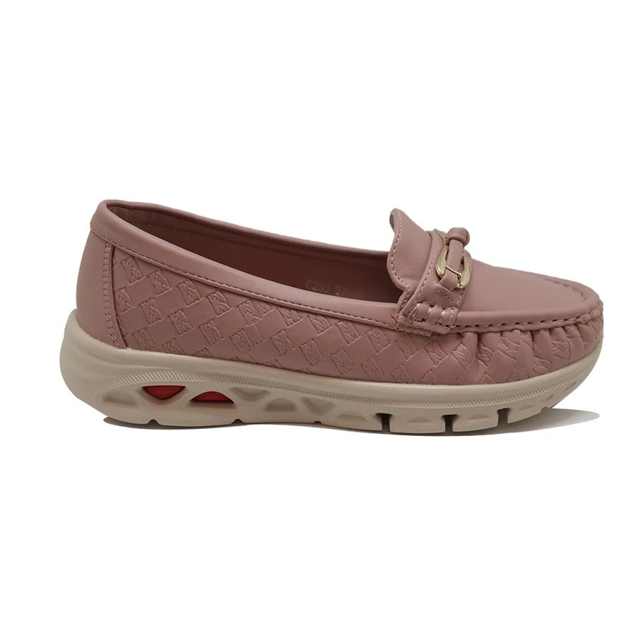 Women’s Pink Casual Slip-On Loafers with Gold Buckle Accent