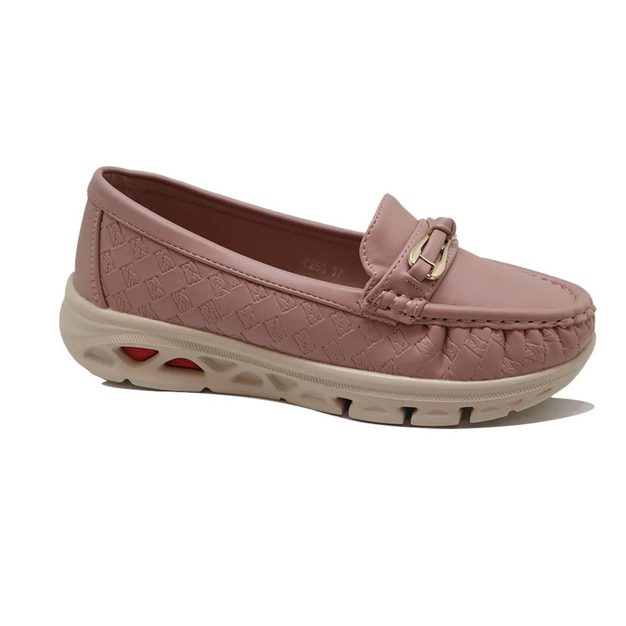 Women’s Pink Casual Slip-On Loafers with Gold Buckle Accent