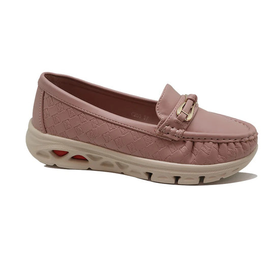 Women’s Pink Casual Slip-On Loafers with Gold Buckle Accent
