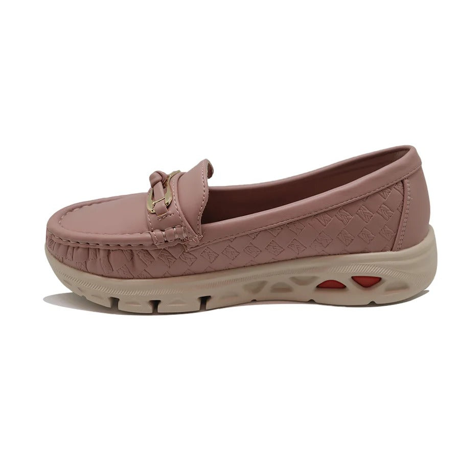 Women’s Pink Casual Slip-On Loafers with Gold Buckle Accent