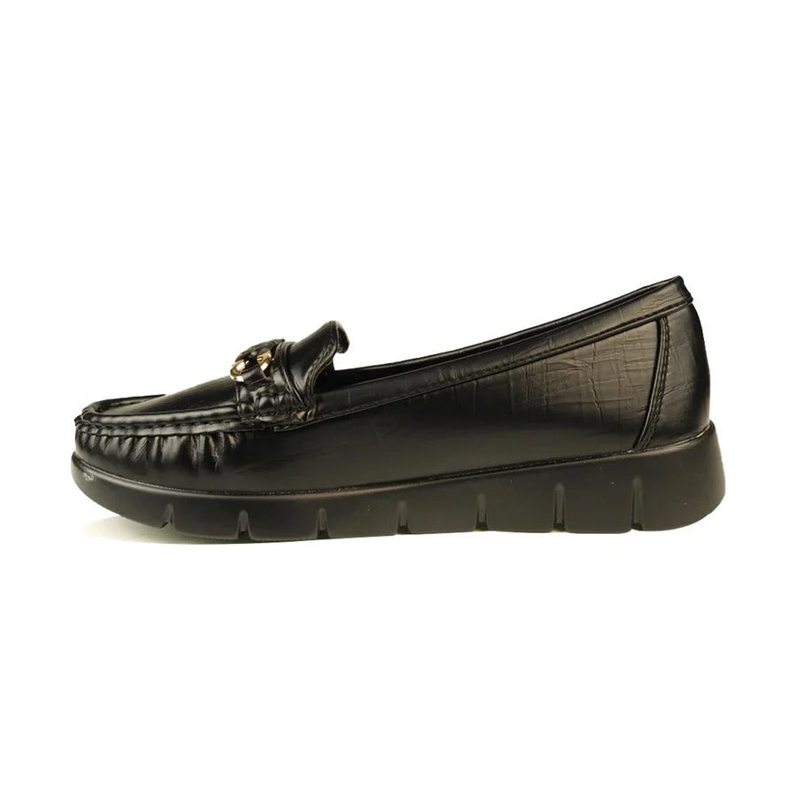 Women's Black Chunky Sole Moccasin Loafers with Chain Accent