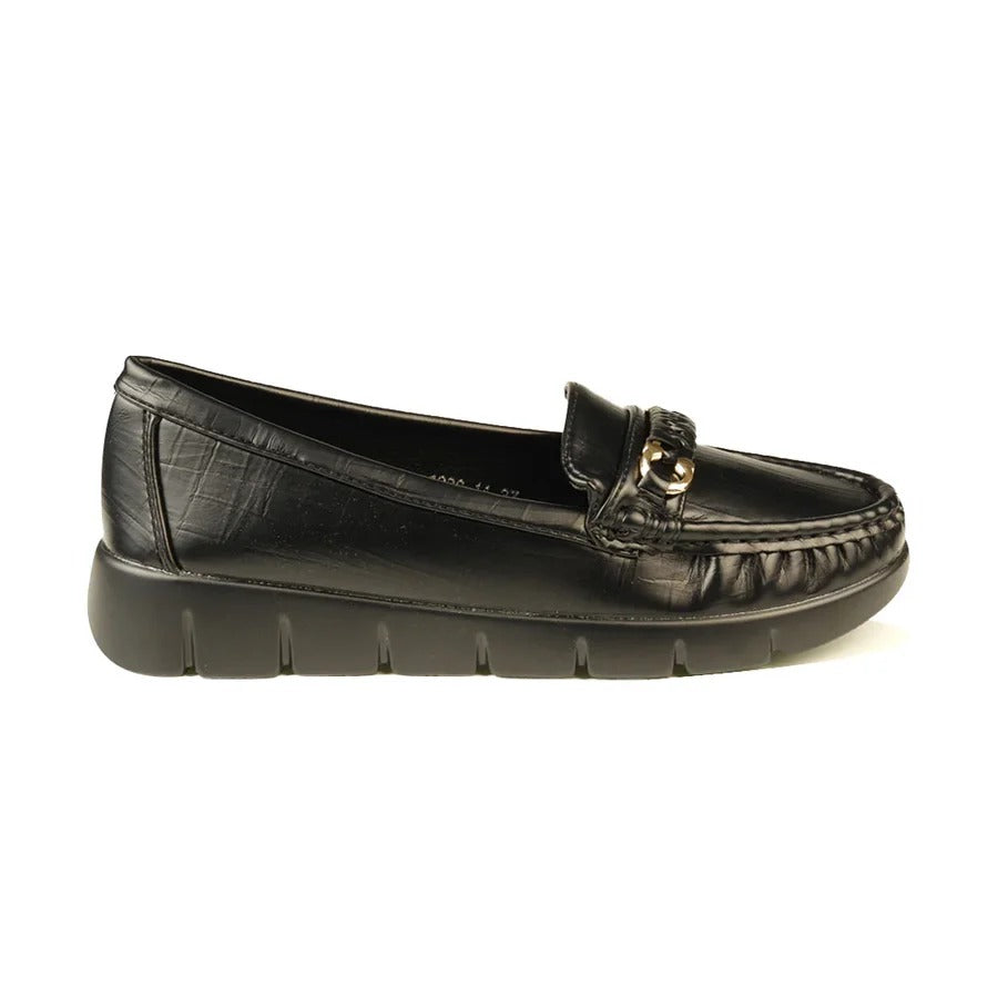 Women's Black Chunky Sole Moccasin Loafers with Chain Accent