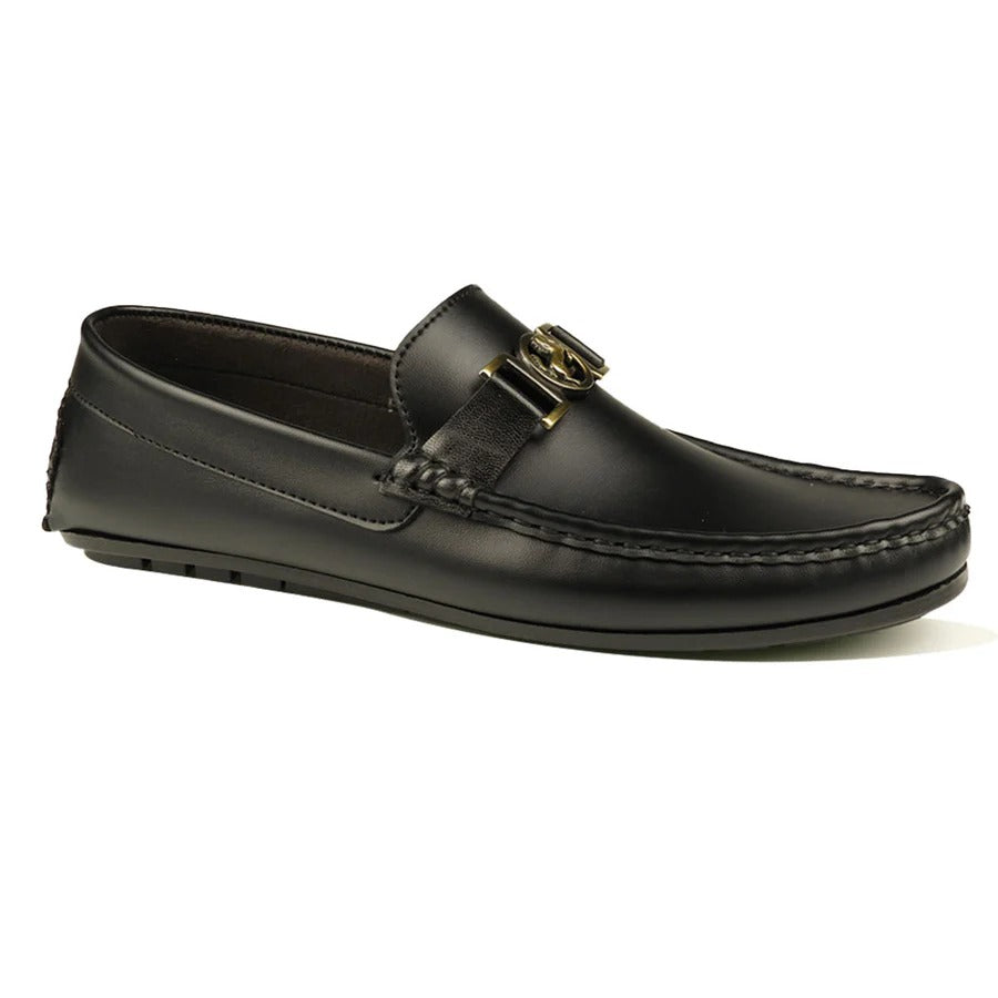 Men's Black Slip-On Loafers with Gold Buckle