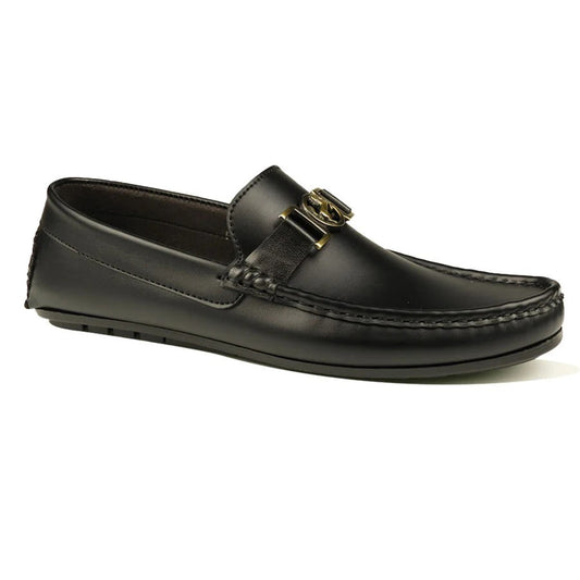 Men's Black Slip-On Loafers with Gold Buckle
