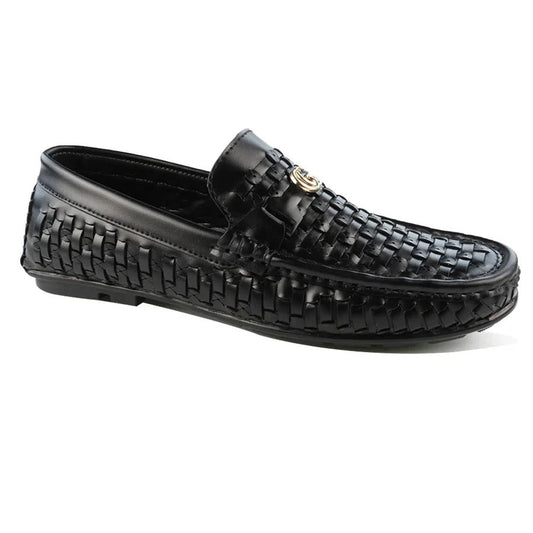 Men's Black Woven Slip-On Loafers with Gold Accent