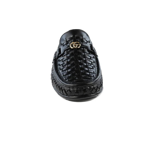 Men's Black Woven Slip-On Loafers with Gold Accent