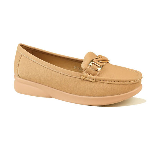Women's Beige Comfort Loafers with Soft Sole and Gold Accent