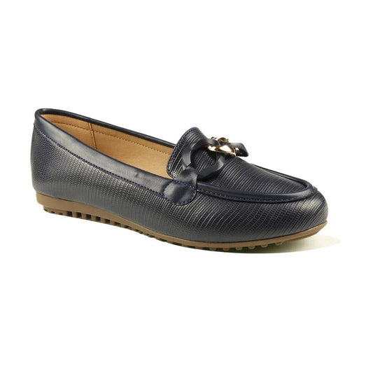 Women's Navy Blue Textured Loafers with Bow and Chain Accent