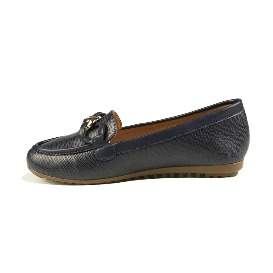 Women's Navy Blue Textured Loafers with Bow and Chain Accent