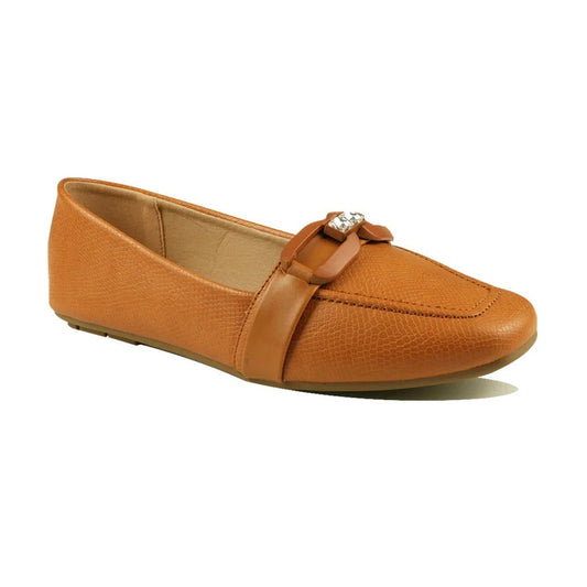 Women's Tan Textured Loafers with Decorative Buckle and Slip-On Comfort