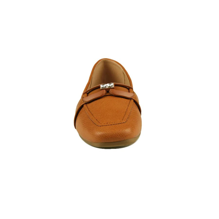 Women's Tan Textured Loafers with Decorative Buckle and Slip-On Comfort