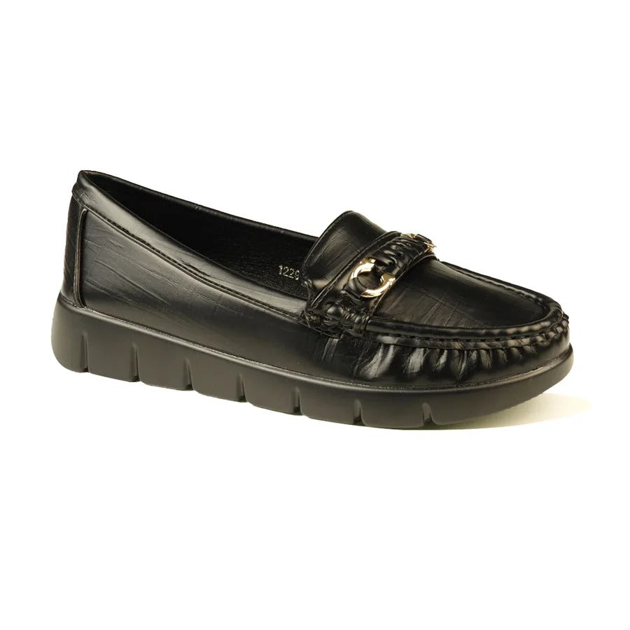 Women's Black Chunky Sole Moccasin Loafers with Chain Accent