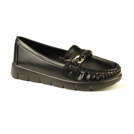 Women's Black Chunky Sole Moccasin Loafers with Chain Accent